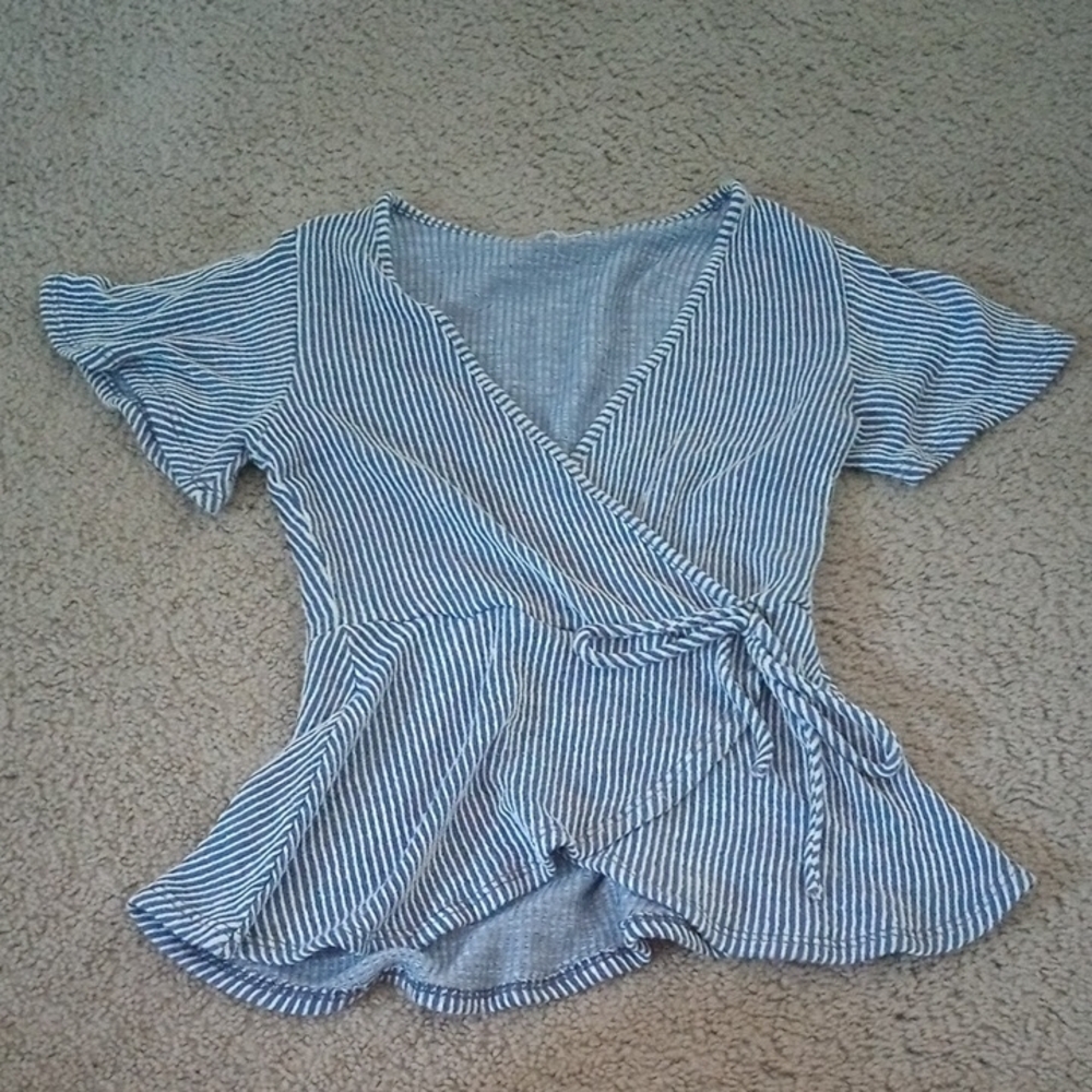 Caution To The Wind Blue and White Flutter Sleeve Wrap Blouse